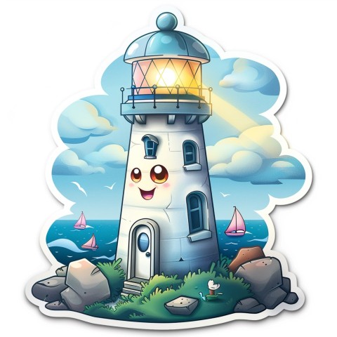 Cute Kawaii Stickers Tall Lighthouse with Winky Face on White Background (46)