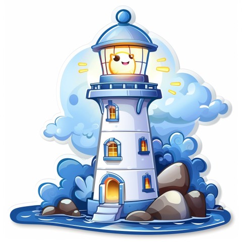 Cute Kawaii Stickers Tall Lighthouse with Winky Face on White Background (47)