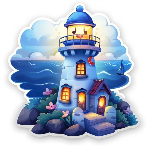 Cute Kawaii Stickers Tall Lighthouse with Winky Face on White Background (54)