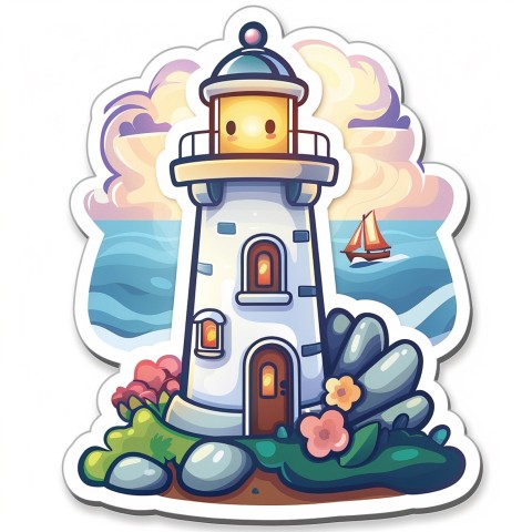 Cute Kawaii Stickers Tall Lighthouse with Winky Face on White Background (43)