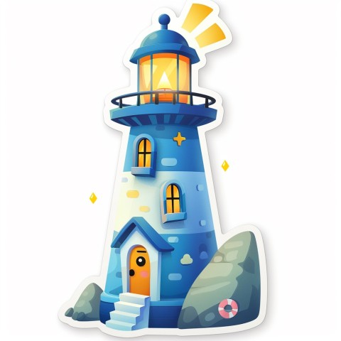 Cute Kawaii Stickers Tall Lighthouse with Winky Face on White Background (68)