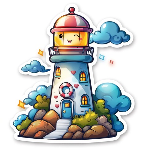 Cute Kawaii Stickers Tall Lighthouse with Winky Face on White Background (72)