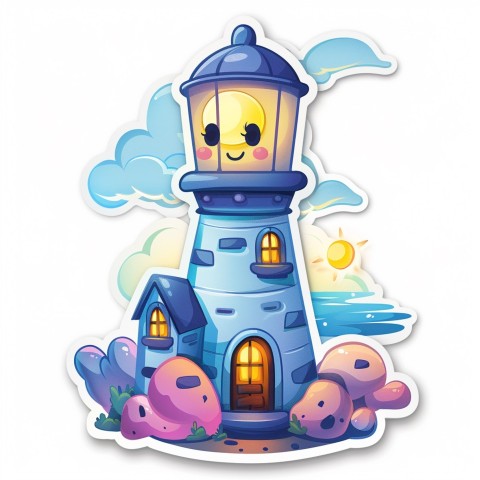 Cute Kawaii Stickers Tall Lighthouse with Winky Face on White Background (70)