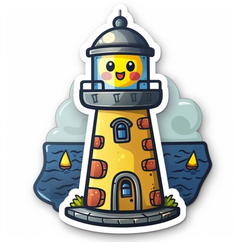 Cute Kawaii Stickers Tall Lighthouse with Winky Face on White Background (77)