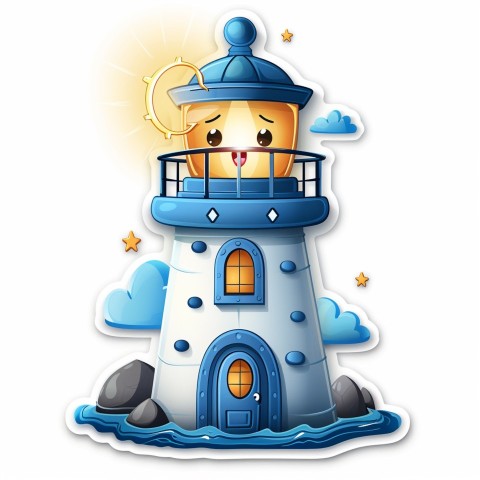 Cute Kawaii Stickers Tall Lighthouse with Winky Face on White Background (78)