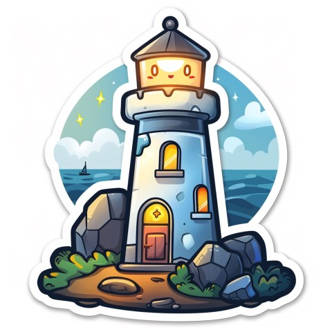 Cute Kawaii Stickers Tall Lighthouse with Winky Face on White Background (71)