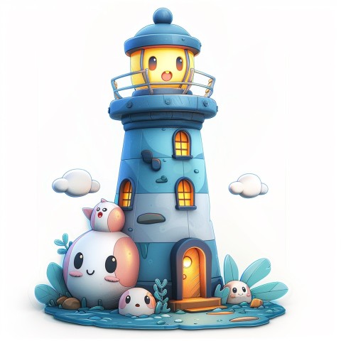 Cute Kawaii Stickers Tall Lighthouse with Winky Face on White Background (67)