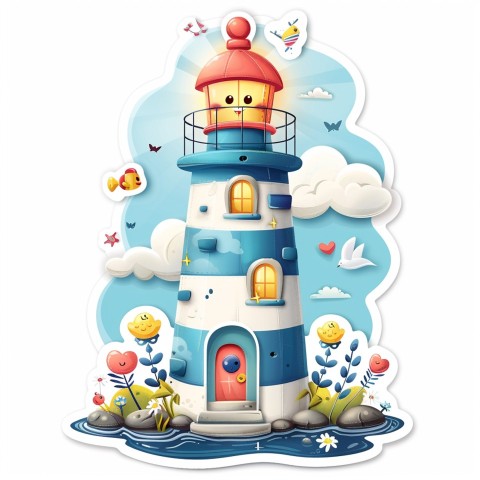 Cute Kawaii Stickers Tall Lighthouse with Winky Face on White Background (73)