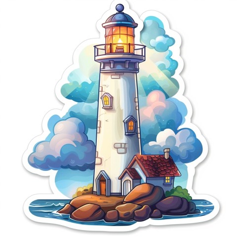 Cute Kawaii Stickers Tall Lighthouse with Winky Face on White Background (69)