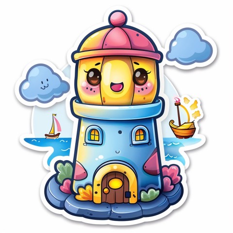 Cute Kawaii Stickers Tall Lighthouse with Winky Face on White Background (63)