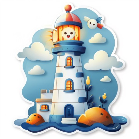 Cute Kawaii Stickers Tall Lighthouse with Winky Face on White Background (80)