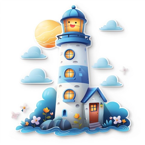 Cute Kawaii Stickers Tall Lighthouse with Winky Face on White Background (65)