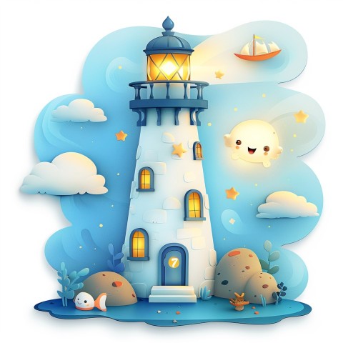 Cute Kawaii Stickers Tall Lighthouse with Winky Face on White Background (76)