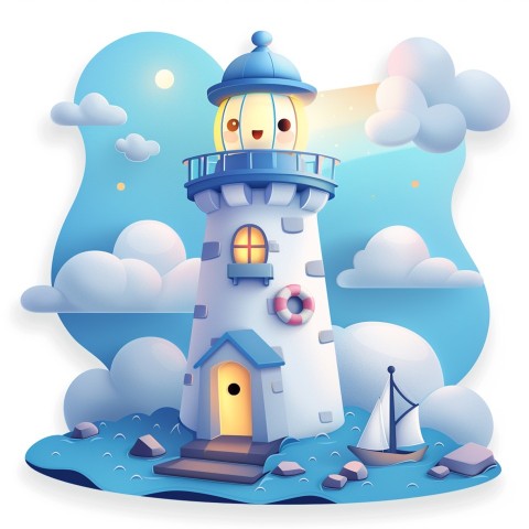 Cute Kawaii Stickers Tall Lighthouse with Winky Face on White Background (79)