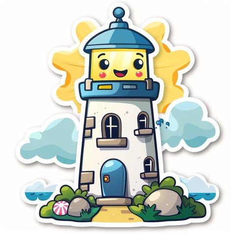 Cute Kawaii Stickers Tall Lighthouse with Winky Face on White Background (86)