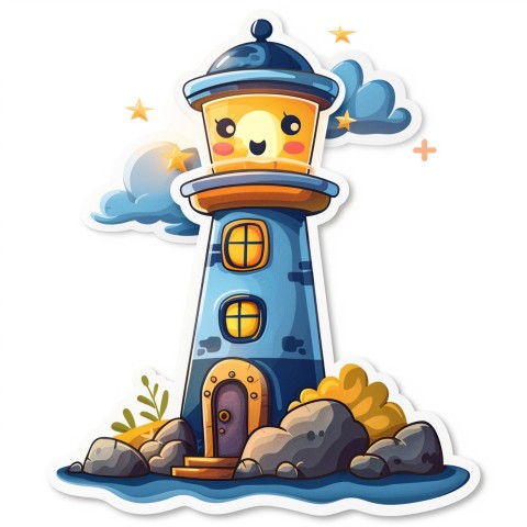 Cute Kawaii Stickers Tall Lighthouse with Winky Face on White Background (87)