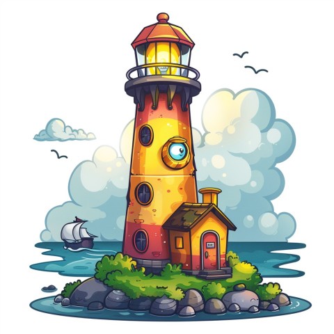 Cute Kawaii Stickers Tall Lighthouse with Winky Face on White Background (94)