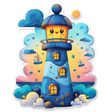 Cute Kawaii Stickers Tall Lighthouse with Winky Face on White Background (81)