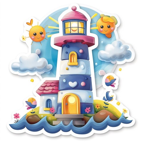 Cute Kawaii Stickers Tall Lighthouse with Winky Face on White Background (88)