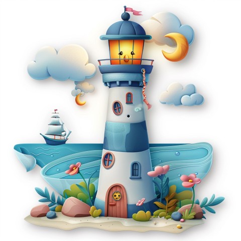 Cute Kawaii Stickers Tall Lighthouse with Winky Face on White Background (85)