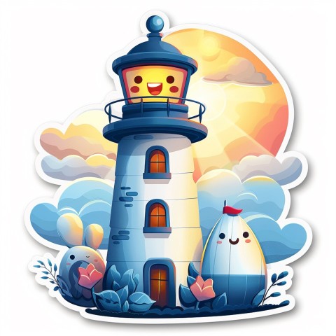 Cute Kawaii Stickers Tall Lighthouse with Winky Face on White Background (98)