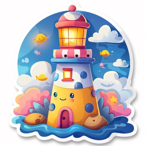 Cute Kawaii Stickers Tall Lighthouse with Winky Face on White Background (96)