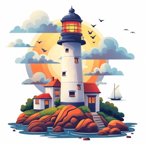 Cute Kawaii Stickers Tall Lighthouse with Winky Face on White Background (107)