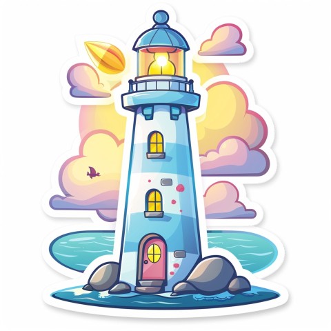 Cute Kawaii Stickers Tall Lighthouse with Winky Face on White Background (104)