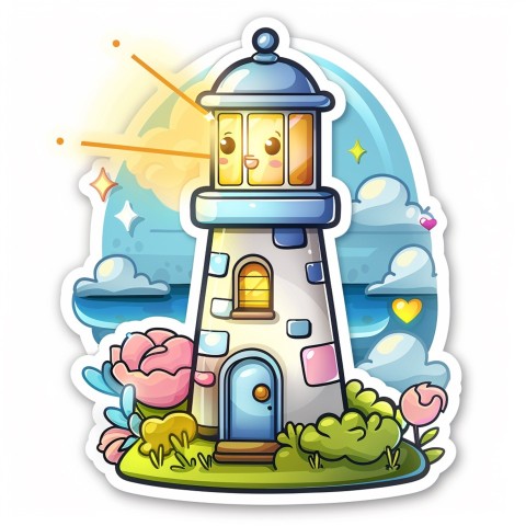 Cute Kawaii Stickers Tall Lighthouse with Winky Face on White Background (116)