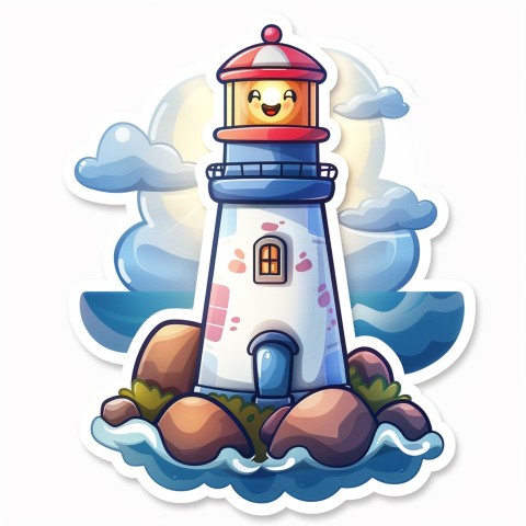 Cute Kawaii Stickers Tall Lighthouse with Winky Face on White Background (119)