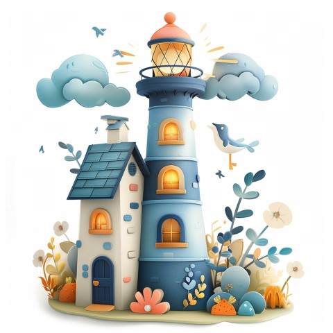 Cute Kawaii Stickers Tall Lighthouse with Winky Face on White Background (113)