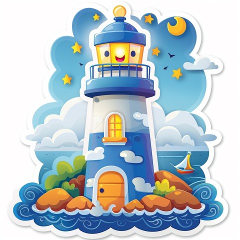 Cute Kawaii Stickers Tall Lighthouse with Winky Face on White Background (101)