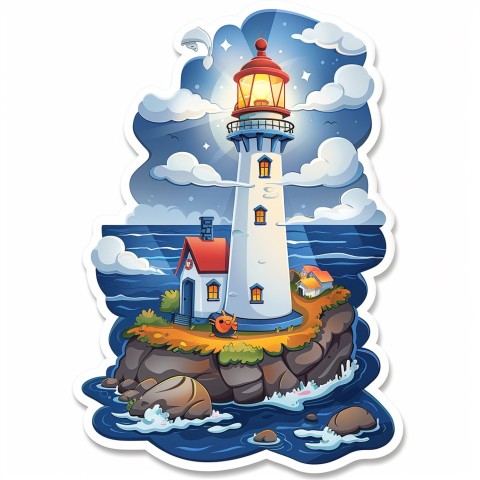 Cute Kawaii Stickers Tall Lighthouse with Winky Face on White Background (108)