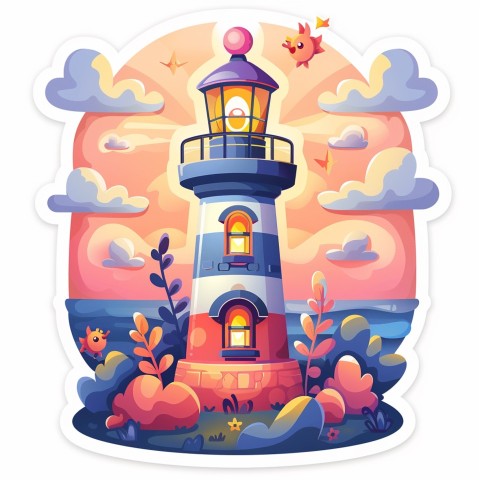 Cute Kawaii Stickers Tall Lighthouse with Winky Face on White Background (120)