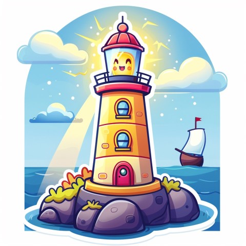 Cute Kawaii Stickers Tall Lighthouse with Winky Face on White Background (106)