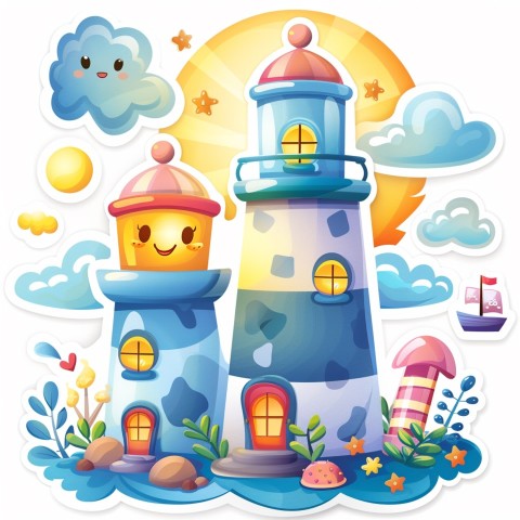 Cute Kawaii Stickers Tall Lighthouse with Winky Face on White Background (111)