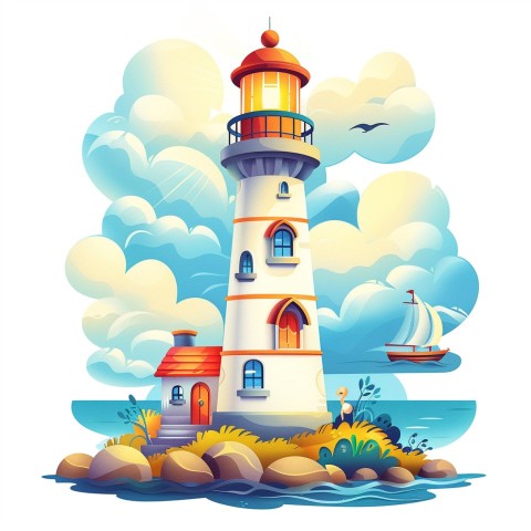 Cute Kawaii Stickers Tall Lighthouse with Winky Face on White Background (110)