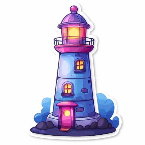 Cute Kawaii Stickers Tall Lighthouse with Winky Face on White Background (147)