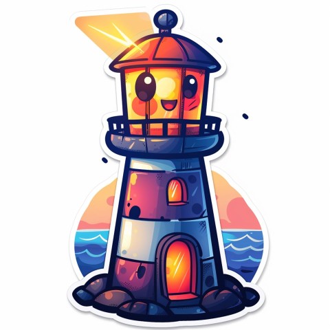 Cute Kawaii Stickers Tall Lighthouse with Winky Face on White Background (143)