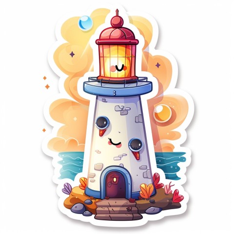 Cute Kawaii Stickers Tall Lighthouse with Winky Face on White Background (122)