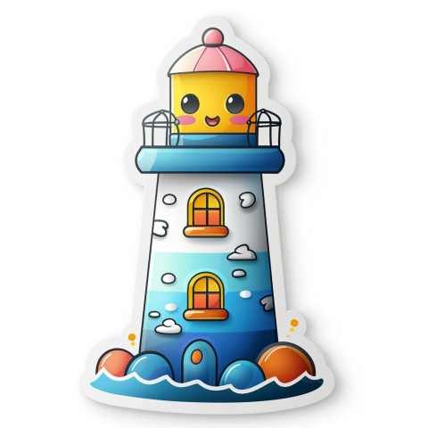 Cute Kawaii Stickers Tall Lighthouse with Winky Face on White Background (137)