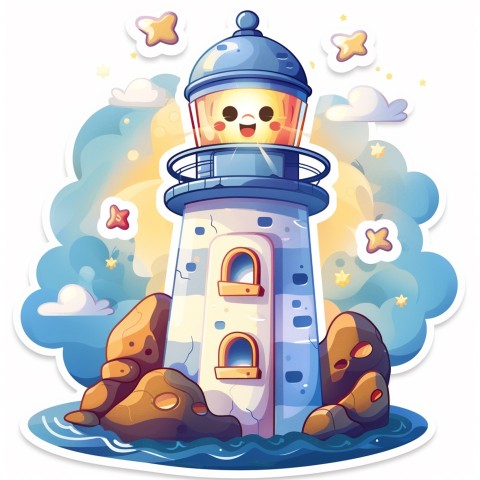 Cute Kawaii Stickers Tall Lighthouse with Winky Face on White Background (146)