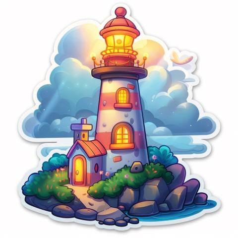 Cute Kawaii Stickers Tall Lighthouse with Winky Face on White Background (130)