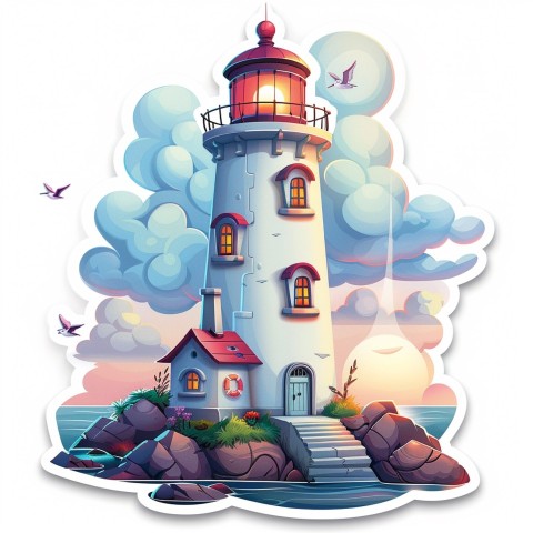 Cute Kawaii Stickers Tall Lighthouse with Winky Face on White Background (124)