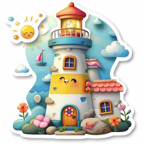 Cute Kawaii Stickers Tall Lighthouse with Winky Face on White Background (138)