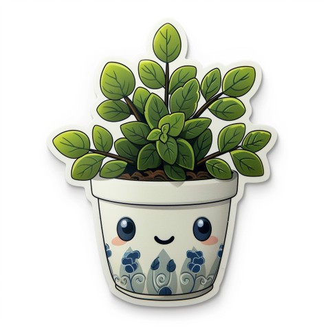 Cute Kawaii Stickers Tiny Houseplant with Leafy Hairdo in Decorated Pot on White Background (12)