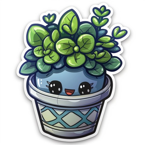 Cute Kawaii Stickers Tiny Houseplant with Leafy Hairdo in Decorated Pot on White Background (20)