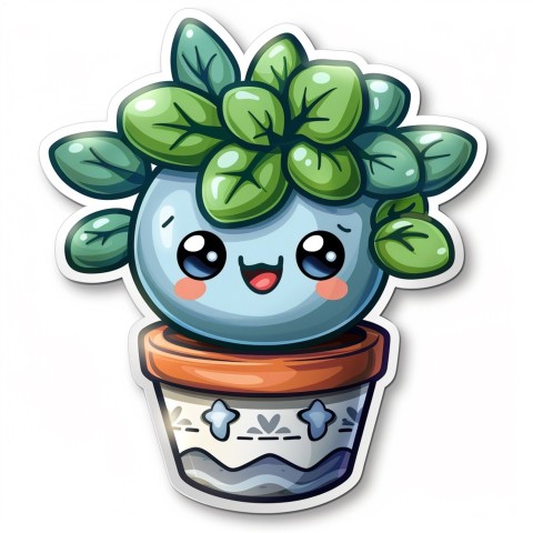 Cute Kawaii Stickers Tiny Houseplant with Leafy Hairdo in Decorated Pot on White Background (17)