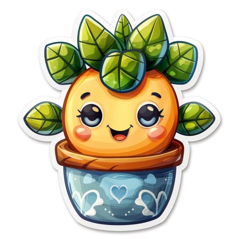 Cute Kawaii Stickers Tiny Houseplant with Leafy Hairdo in Decorated Pot on White Background (5)