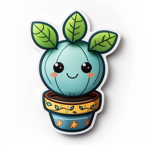 Cute Kawaii Stickers Tiny Houseplant with Leafy Hairdo in Decorated Pot on White Background (6)